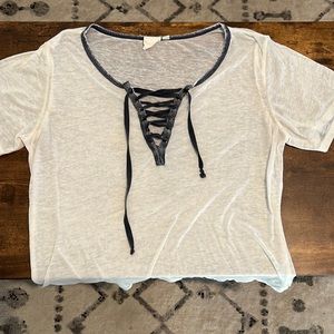 Distressed white and navy linen t-shirt